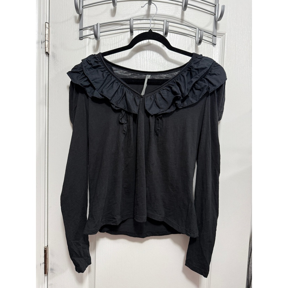 Anthropologie Black Ruffle Neck Long Sleeve Top Women's S Cotton Feminine Chic - Picture 1 of 16